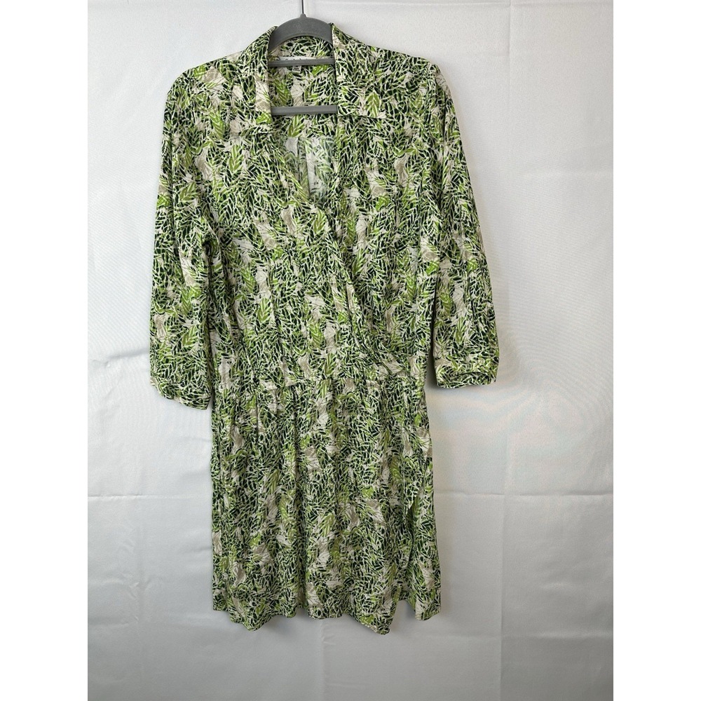Cabi Wrap Dress Women's Sz M Green White Abstract RollTab 3/4 Sleeves KneeLengt